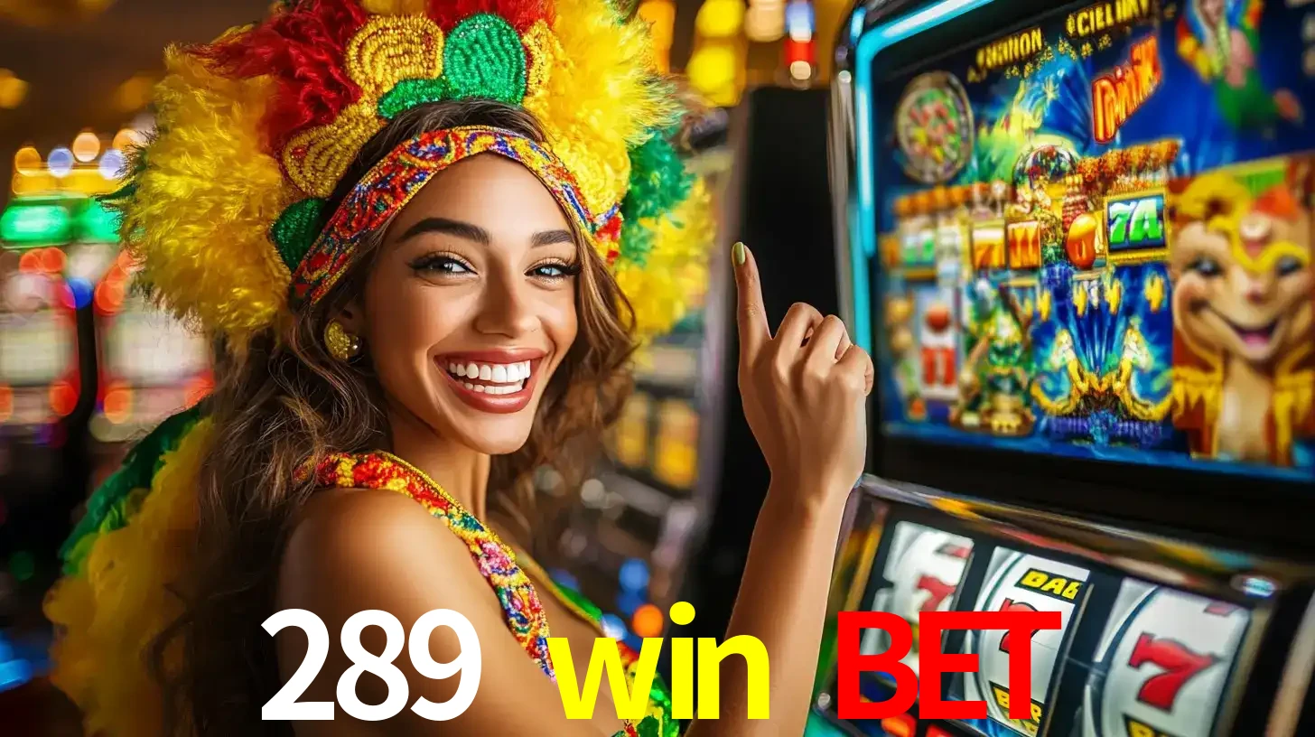 Mulher animada com um cocar de carnaval apontando para uma máquina de caça-níqueis, mostrando a emoção de ganhar um grande prêmio nos jogos do 289 win bet.