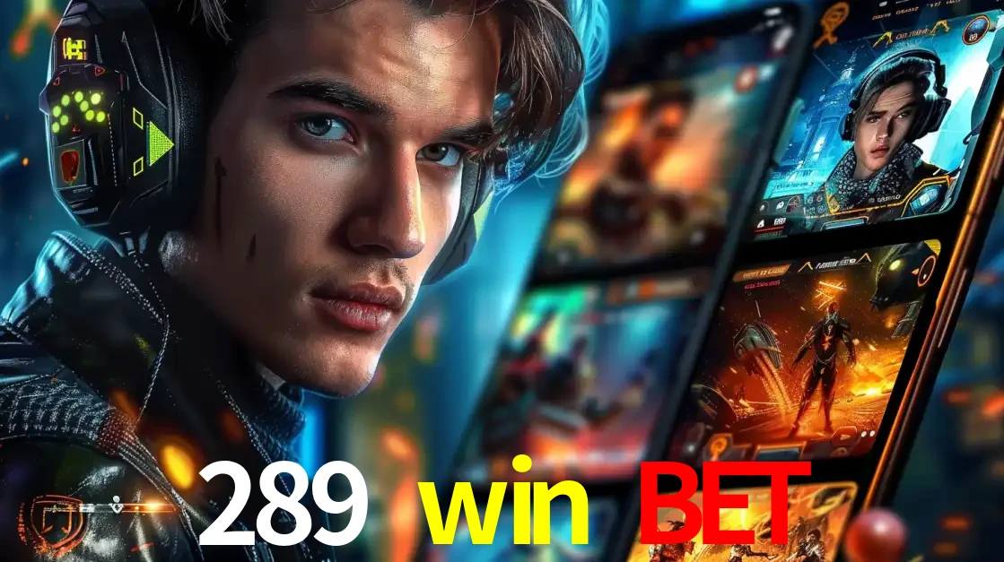 Jovem jogador com fones de ouvido olhando para a câmera, com um aplicativo de jogos e e-sports para celular ao fundo, pronto para a competição e apostas no 289 win bet.