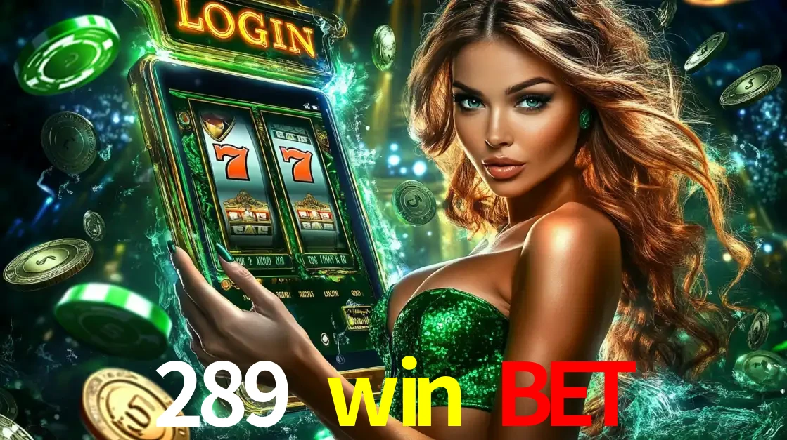 Mulher com tema verde apresentando o aplicativo do cassino 289 win bet com um jogo de slot de 777, cercada por fichas de cassino e uma aura de sorte.