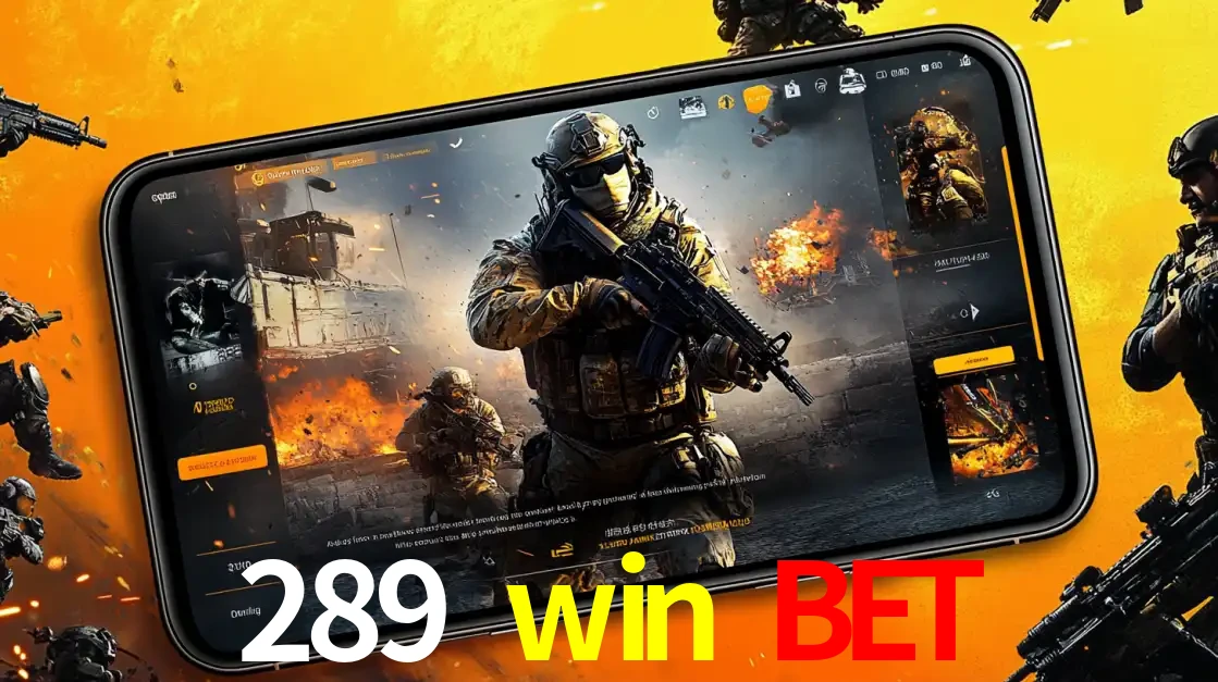Um smartphone exibindo a interface de um jogo de tiro em primeira pessoa, com um soldado em um cenário de batalha, representando a ação dos e-sports para apostar no 289 win bet.