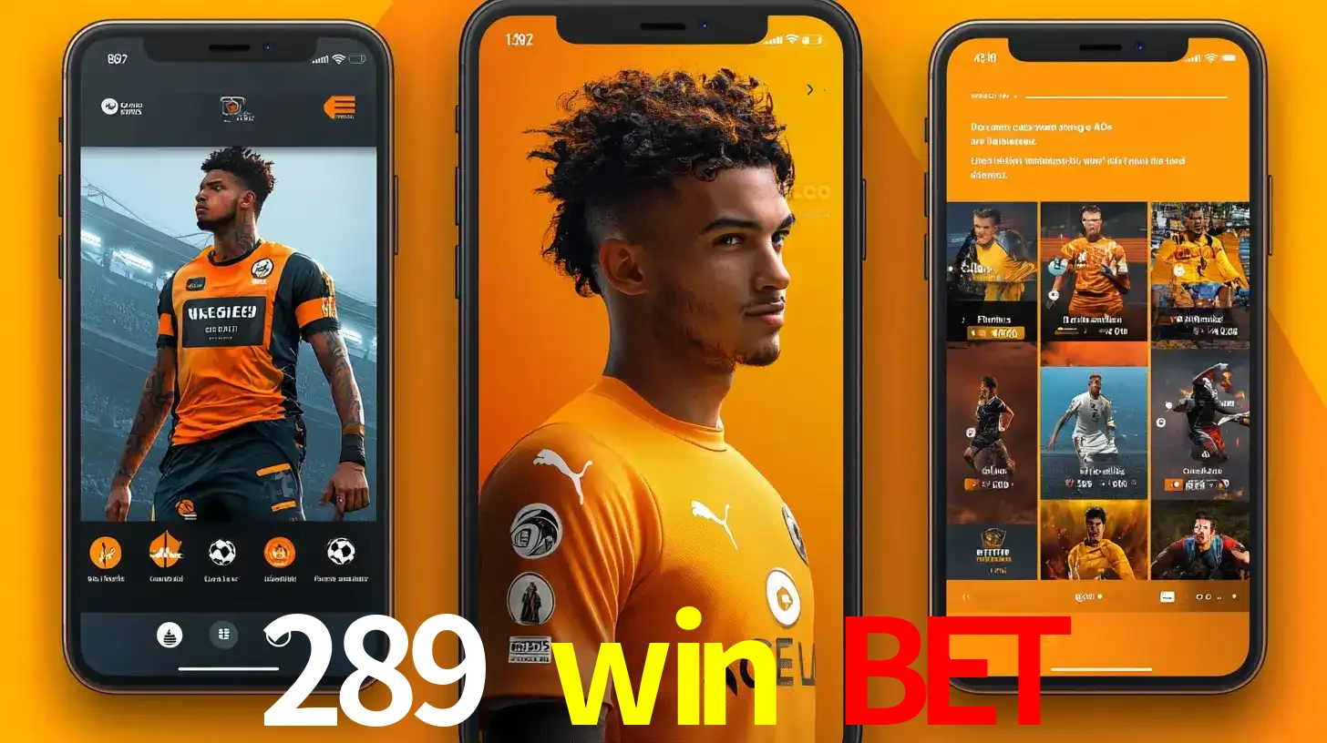Interface do aplicativo de apostas esportivas 289 win bet em três telas de celular, mostrando o perfil de um jogador de futebol e a lista de jogos disponíveis para apostar.