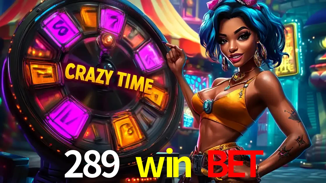 Mulher estilizada com cabelo azul e visual vibrante posando ao lado da roda de prêmios do game show Crazy Time, convidando para a diversão e os bônus do cassino 289 win bet.