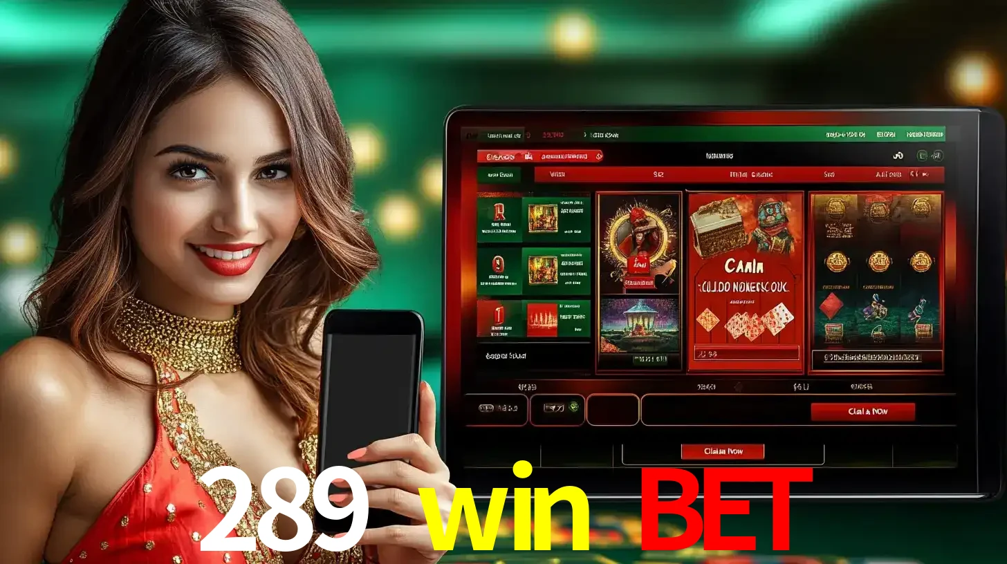 Mulher sorridente segurando um smartphone, ao lado de uma tela exibindo o lobby de jogos do cassino online 289 win bet, com várias opções de jogos de cartas e slots.